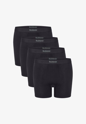 Boxer in cotone nero con vita piatta e logo "SLOGGI". Tessuto liscio, design aderente e pratica apertura frontale.
