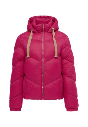 Rosa Steppjacke mit Kapuze, Frontreißverschluss, zwei Seitentaschen und beigen Kordeln an der Kapuze, dargestellt auf weißem Hintergrund.