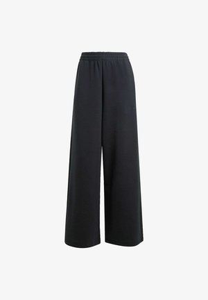 Pantalones negros de pierna ancha con cintura elástica, confeccionados en una tela lisa. Presentan un ajuste holgado sin bolsillos visibles ni patrones.