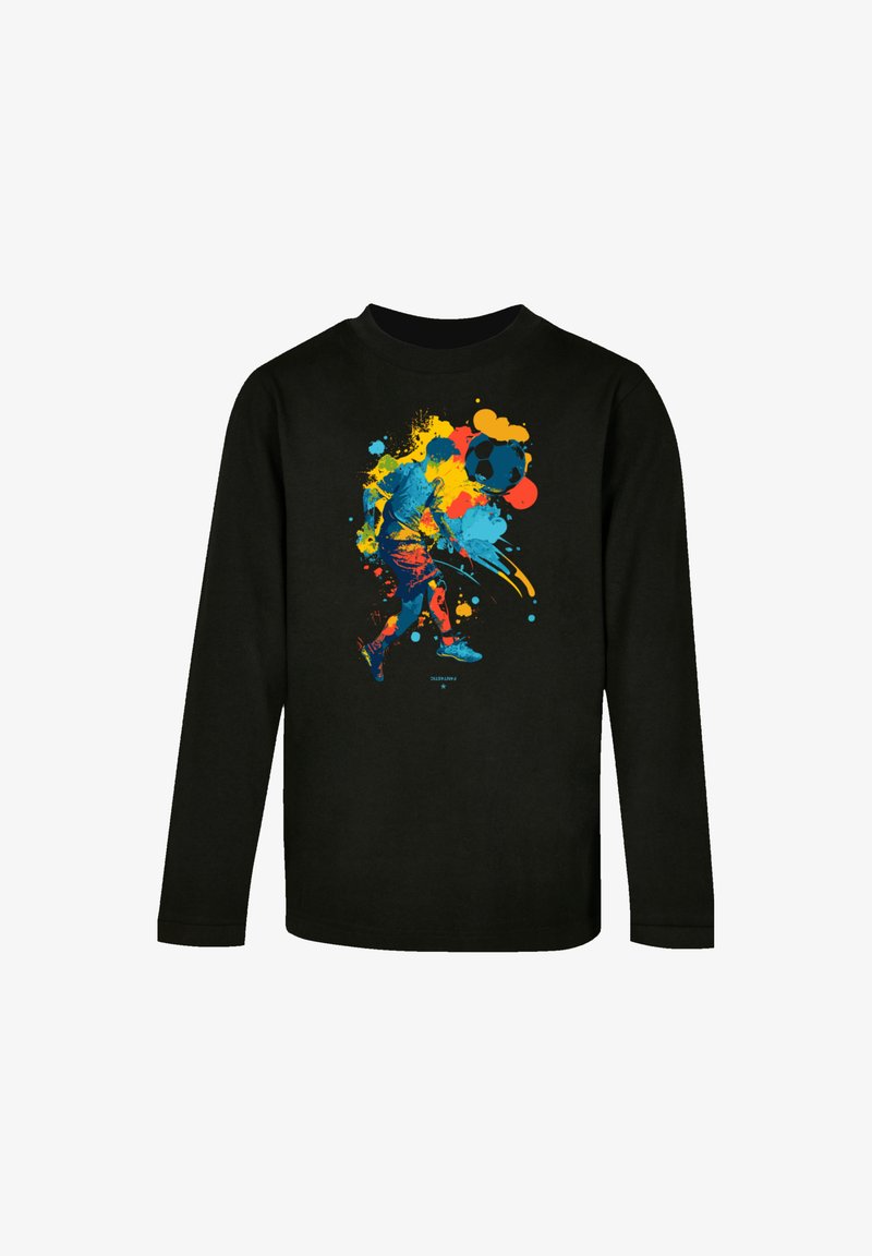Schwarzes Langarm-T-Shirt mit einem bunten Grafikdruck eines Fußballspielers in blauen, gelben und roten Farbspritzern.