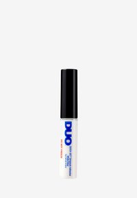 White adhesive tube with black cap. Blue and red text reads "DUO QUICK-SET StripBash Adhesive." 15ml size indicated on label.