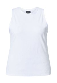 Canottiera bianca senza maniche realizzata in tessuto a coste con scollo rotondo e orlo dritto, caratterizzata da una leggera texture e priva di fantasie.