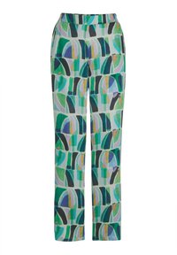 Patroonbroek met een multicolor geometrisch ontwerp in groen, blauw, zwart en paars. Gemaakt van lichte stof met een rechte pasvorm.