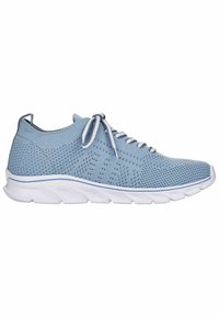 Scarpe sportive di colore azzurro chiaro con tomaia in maglia testurizzata, design con lacci e suola in gomma bianca dotata di un motivo a battistrada stratificato.