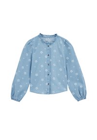 Világoskék farmering hosszú puffos ujjal, gombos elülső résszel, fodros gallérral és fehér virágmintákkal az egész felületen.