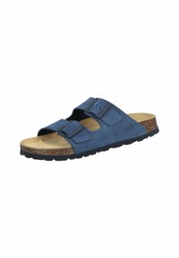 Blue suede sandals with two adjustable straps and black buckles. Cork footbed and rubber outsole provide comfort and durability.