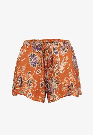 Pomarańczowe szorty w kwiatowy wzór z elastycznym pasem i wiązaniem z przodu, zdobione fioletowymi, różowymi i białymi kwiatami oraz liśćmi.