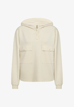 Sweat-shirt beige à capuche en tissu doux, avec un plastron à boutons, deux poches poitrine et des poignets élastiqués.