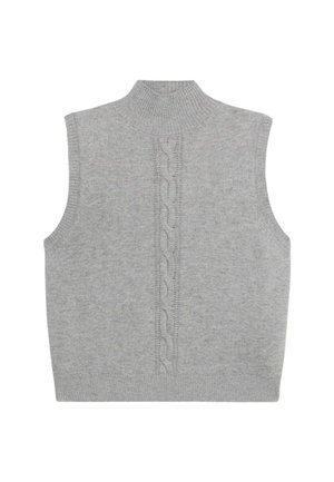 Suéter gris de punto sin mangas con un alto cuello, que presenta un patrón central de trenzas, una textura suave y una silueta ajustada.