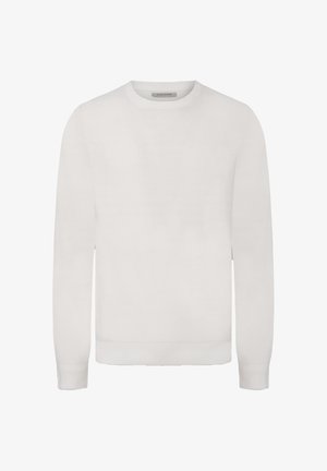 White knitted sweater with long sleeves, crew neckline, and ribbed cuffs and hem. Smooth texture and lightweight design.