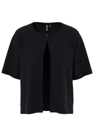 Czarny kardigan z krótkimi rękawami, otwarty z przodu, z zapięciem na guzik. Wykonany z teksturowanego materiału o luźnym kroju. Prosty, minimalistyczny design.