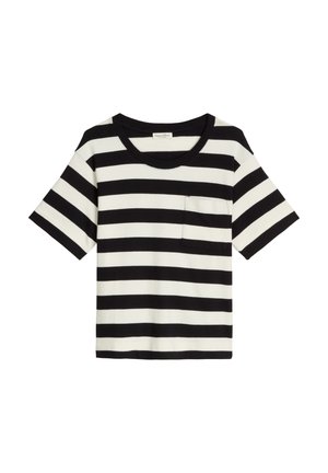 Czarna i biała t-shirt w poziome paski, z krótkim rękawem, okrągłym dekoltem oraz kieszenią na lewej piersi.