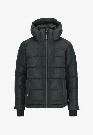 Donkergroene pufferjack met een hoge kraag, rits aan de voorkant en zijzakken. Gelaagd, gewatteerd ontwerp met elastische mouwen.