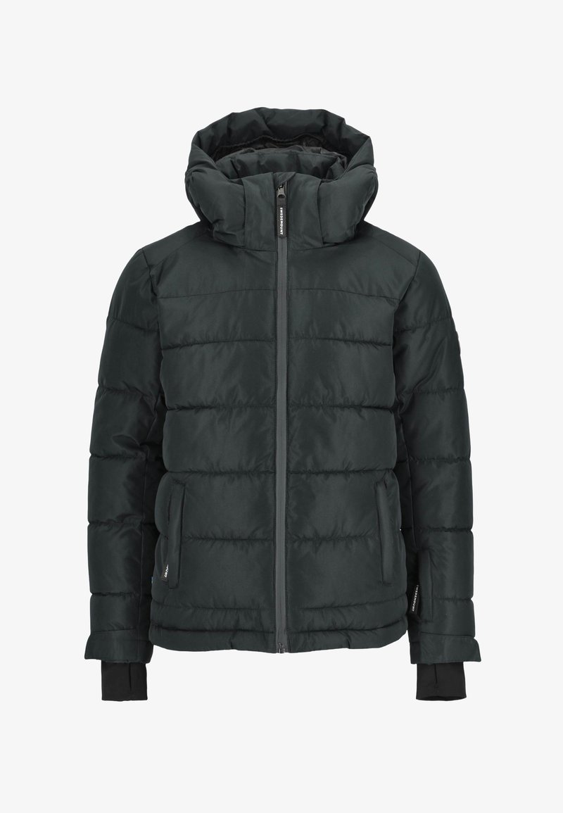 Kurtka puchowa w ciemnozielonym kolorze, z wysokim kołnierzem, z przodu na zamek błyskawiczny oraz bokami z kieszeniami. Teksturowany, pikowany wzór z elastycznymi mankietami.