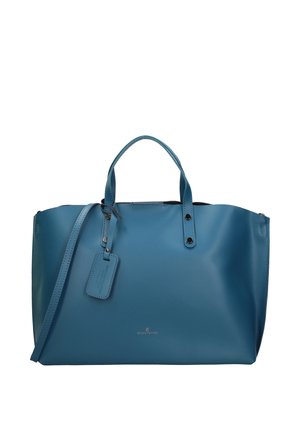 Ruime blauwe draagtas gemaakt van glad synthetisch materiaal; heeft korte handvatten, een afneembare schouderriem en een decoratief label.