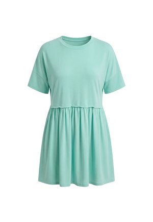 Kurzärmeliges, helltürkises Kleid mit rundem Ausschnitt und gerafftem Rockteil unter der taillierten Taille.