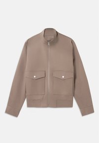 Taupe-colored bomber jacket with front zipper, two snap-button flap pockets, and ribbed detailing at the hem.
