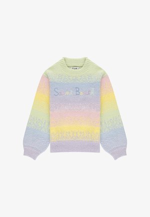 Maglione pastello lavorato a maglia con righe gialle, rosa, blu e verdi, maniche a sbuffo e la scritta "Saint Barth" ricamata sul petto.