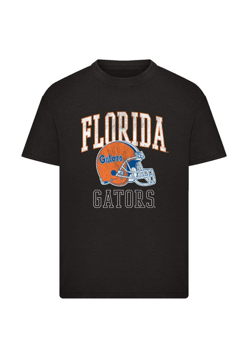 Schwarzes Baumwoll-T-Shirt mit orangefarbenem und weißem Text: "FLORIDA Gators" über einer Grafik eines blauen Football-Halstes. Einfaches Crewneck-Design.