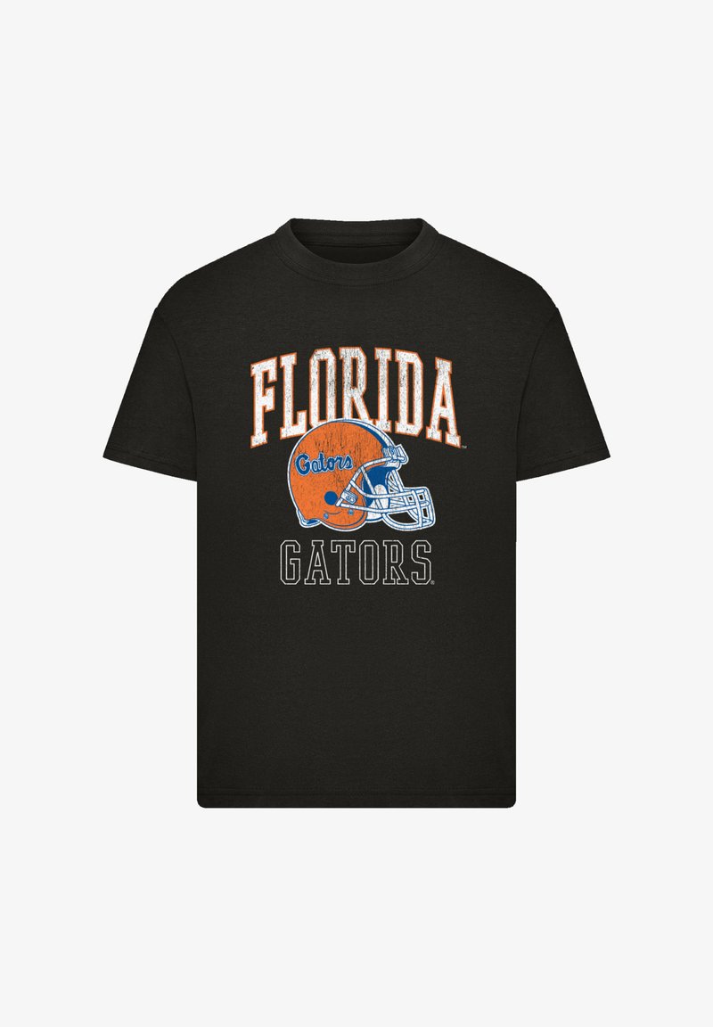 Black cotton t-shirt featuring orange and white text: "FLORIDA Gators" above a graphic of a blue football helmet. Simple crew neck design.