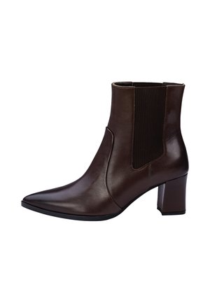 Dunkelbrauner Leder-Knöchelstiefel mit spitzer Zehe, elastischem Seitenteil und Blockabsatz.