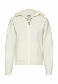 Witte wolmix zip-up hoodie met een grote capuchon, voorkwabben en geribde manchetten. Soepele textuur, eenvoudig ontwerp en geen zichtbare patronen.