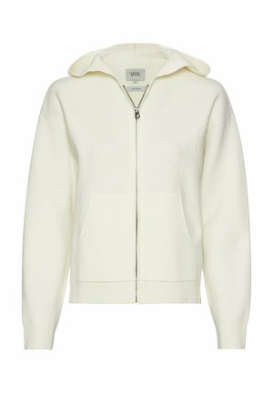 Hvid uldblanding zip-up hoodie med en stor hætte, for- lommer og ribbede manchetter. Glat tekstur, enkelt design og ingen synlige mønstre.
