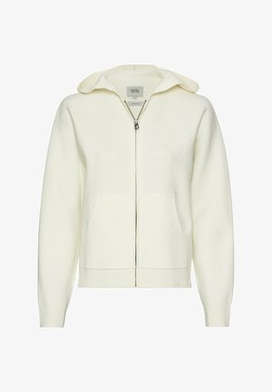 Witte wolmix zip-up hoodie met een grote capuchon, voorkwabben en geribde manchetten. Soepele textuur, eenvoudig ontwerp en geen zichtbare patronen.