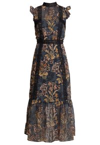 Schwarzes florales Maxikleid mit Rüschenärmeln, Spitzenbesatz, durchscheinendem Overlay und gestuftem Saum. Verfügt über mehrfarbige Blumenmuster.