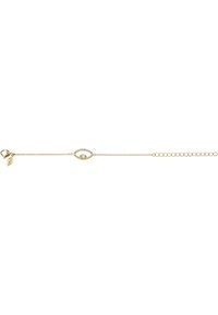 Bracciale d'oro con un charm ovale dotato di una pietra centrale e accenti chiari circostanti, attaccato a una fina catena con chiusura a moschettone.