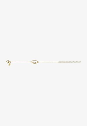 Pulsera de oro con un charm ovalado que presenta una piedra preciosa central y acentos transparentes alrededor, unido a una fina cadena con un cierre de langosta.