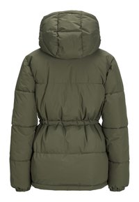 Giacca invernale imbottita verde oliva con cappuccio, vita e polsini elasticizzati, vista da dietro.
