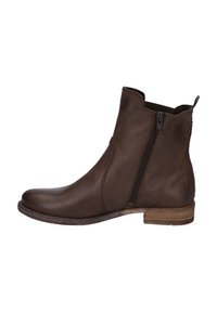 Braune Leder-Ankle-Boots mit einem seitlichen Reißverschluss, runder Zehenform, gesteppten Details und einem Holzabsatz. Glatte Textur mit einem schlichten Design.
