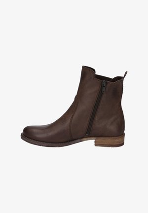 Stivale alla caviglia in pelle marrone con zip laterale, punta rotonda, dettagli cuciti e tacco in legno. Finitura liscia con un design semplice.