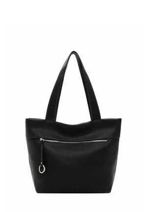 Borsa tote in pelle nera con finitura texturizzata, dotata di doppio manico superiore, tasca con zip sulla parte anteriore e silhouette arrotondata.