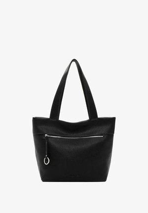 Černá kožená taška přes rameno s texturovaným povrchem, disponuje dvojitými rukojeťmi, zipovou kapsou na přední straně a zaobleným tvarem.