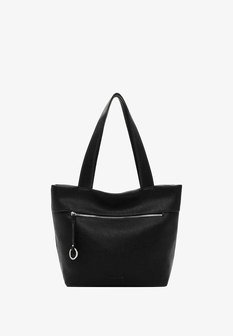 Melnās ādas tote soma ar teksturētu apdari, tai ir divi augšējie rokturi, rāvējslēdzēja kabata priekšpusē un noapaļota silueta.