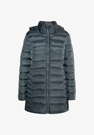 Tumehall puffer-jakke kapuutsi ja tepitud sektsioonidega, ees on lukk ja sile, läikiv pind.