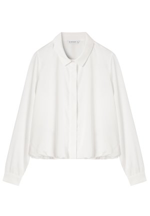 Fehér blúz klasszikus gallérral, hosszú ujjal, gombos elülső résszel és finom csillogással. Simogató anyag, laza szabás.