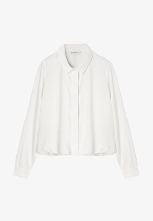 Fehér blúz klasszikus gallérral, hosszú ujjal, gombos elülső résszel és finom csillogással. Simogató anyag, laza szabás.