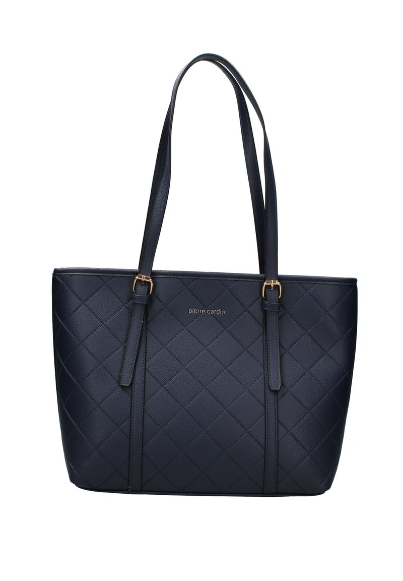 Borsa a spalla trapuntata di colore blu navy con doppio manico, dettagli in hardware dorato e logo stampato sul davanti. Realizzata in materiale sintetico testurizzato.