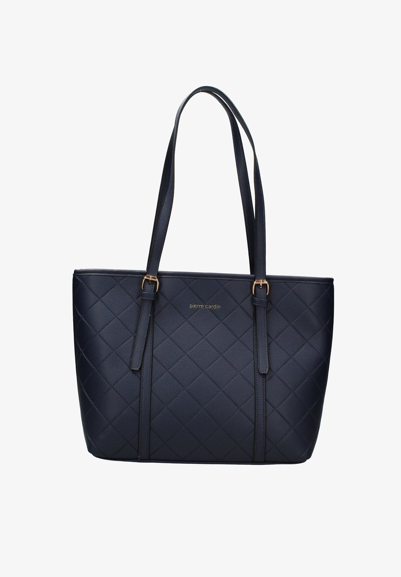 Marineblauwe gewatteerde draagtas met dubbele handvatten, gouden hardware-accenten en een logo dat aan de voorkant is gedrukt. Gemaakt van gestructureerd synthetisch materiaal.