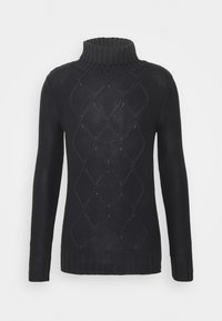 Maglione nero lavorato a maglia con collo a dolce vita a coste, caratterizzato da un motivo diamante testurizzato e maniche lunghe. Materiale morbido con una finitura liscia.