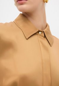 Ruskea kauluspaita, jossa on sileä rakenne, johon kuuluu kultainen nappi kaula-aukossa sekä muodikas, räätälöity muotoilu.