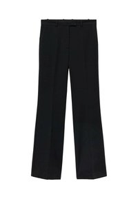 Pantaloni neri con design a gamba dritta, realizzati in tessuto liscio. Presentano una cintura con passanti per cintura e senza marchi o decorazioni visibili.