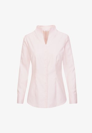 Lichtroze blouse met lange mouwen en een mandarinakraag, met knoopsluiting aan de voorkant en een getailleerde pasvorm. Soepele stof zonder zichtbare patronen of accenten.