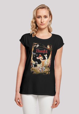 Melna T-krekls ar krāsainu ilustrāciju no Disneja "Bambi", kurā attēloti varoņi, ko ieskauj koki un ziedi. Īsām piedurknēm, brīva piegriezuma.