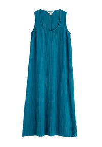 Sleeveless turquoise dress made of crepe fabric, featuring a round neckline and a long, loose fit with a textured surface.