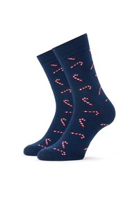 Granatowe skarpetki bawełniane z wzorem cukrowych lasek w kolorze czerwonym i białym. Żebrowany mankiet, długość do połowy łydki, miękka textura.