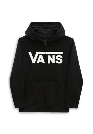 Black zip-up hoodie made of soft fabric, featuring a large white "VANS" logo on the front, and two side pockets. Hooded design.